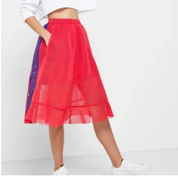 ADIDAS Pink Sheer Tulle Overlay Mesh 3 Blue Stripes Floral Embroidery Skirt EC S - Picture 5 of 16